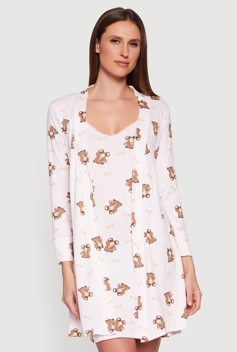 Teddy Bear Print Cami Nightgown with Robe