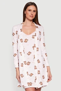 Teddy Bear Print Cami Nightgown with Robe
