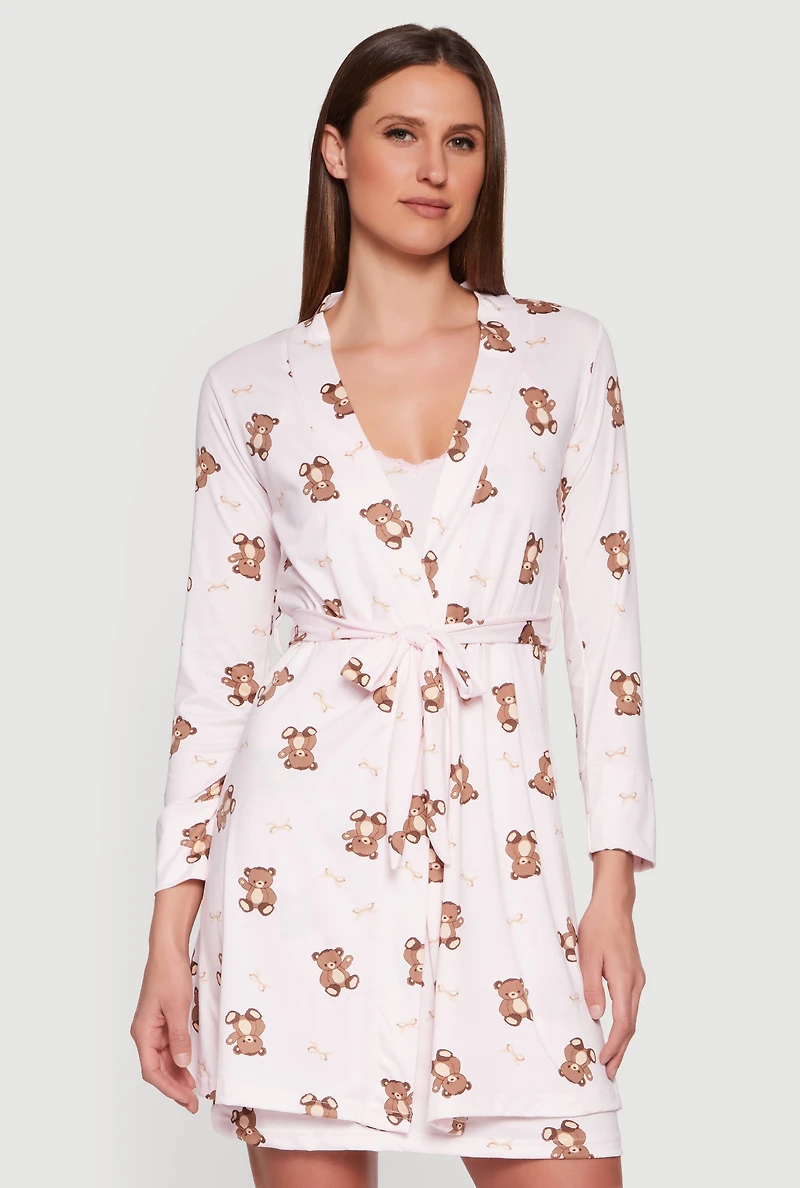 Teddy Bear Print Cami Nightgown with Robe