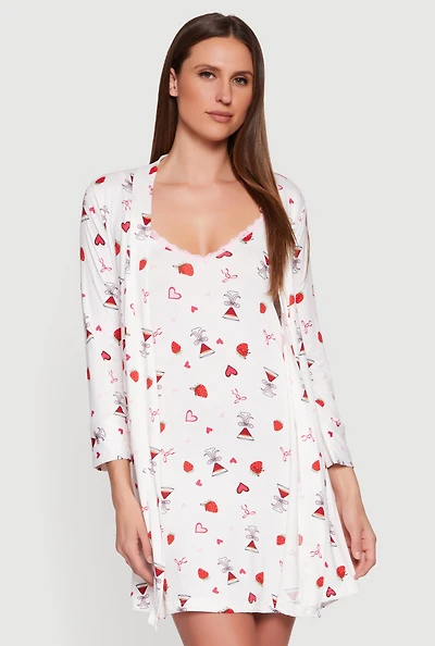 Strawberry Martini Print Cami Nightgown with Robe