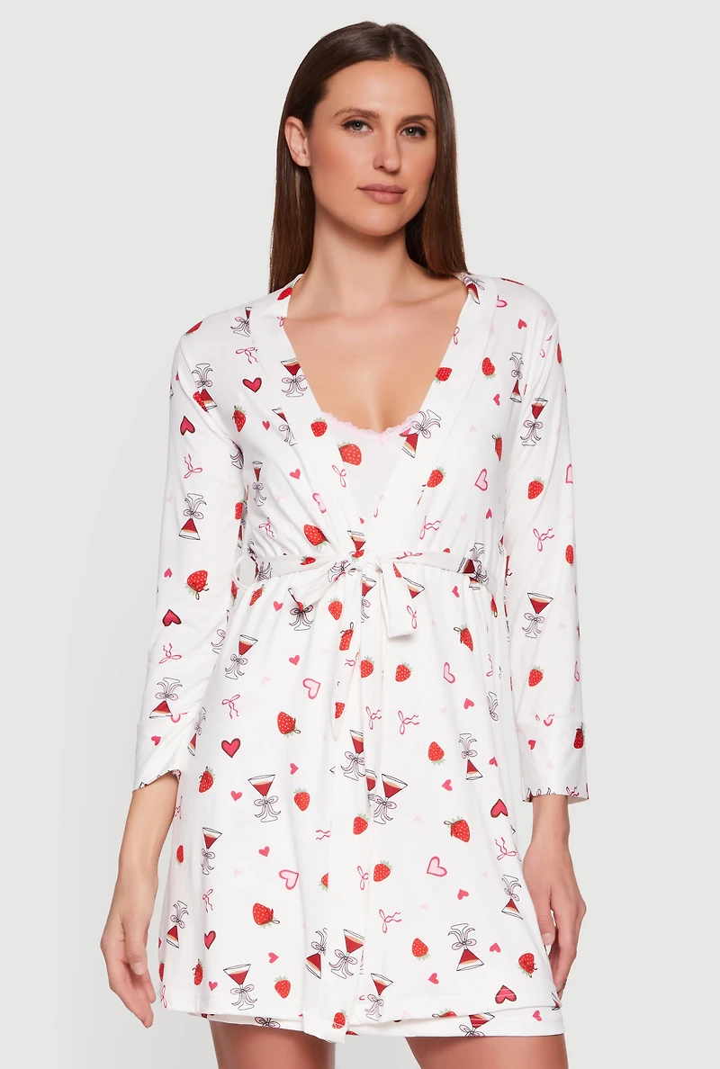Strawberry Martini Print Cami Nightgown with Robe