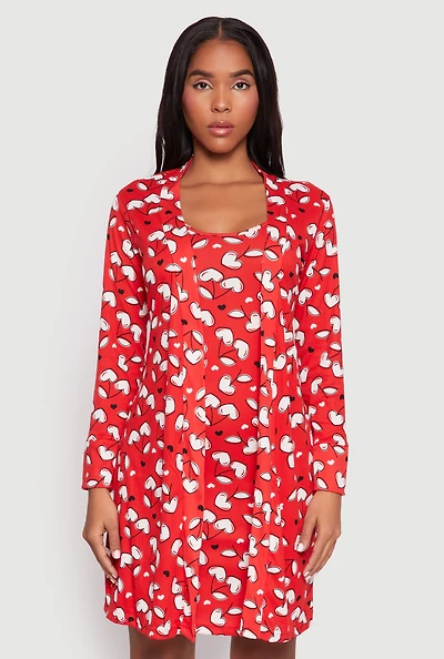 Womens Cherry Heart Print Cami Nightgown and Robe, Red, Size S