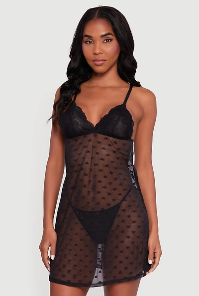 Heart Patterned Scalloped Lace Detail Babydoll and G String