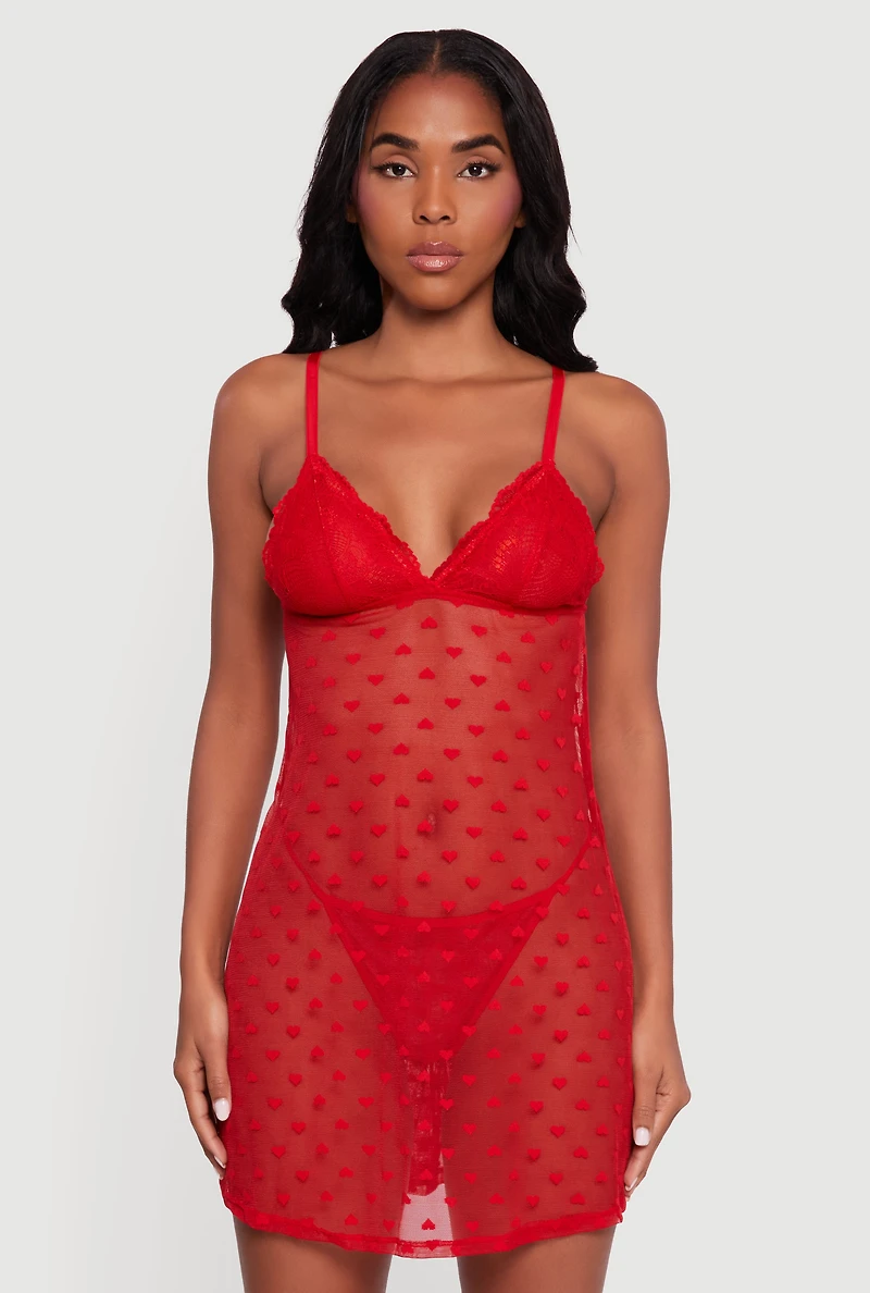 Womens Heart Patterned Scalloped Lace Detail Babydoll and G String, Red, Size L