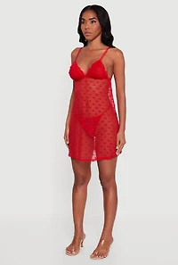 Womens Heart Patterned Scalloped Lace Detail Babydoll and G String, Red, Size L