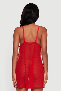 Womens Heart Patterned Scalloped Lace Detail Babydoll and G String, Red, Size L