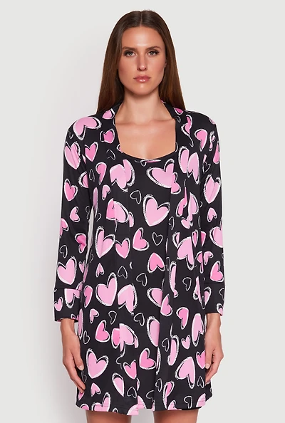 Ribbed Knit Heart Print Cami Nightgown and Robe