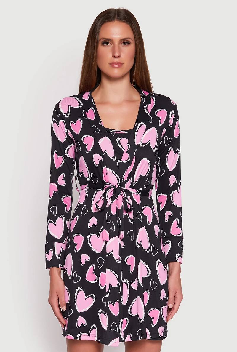 Ribbed Knit Heart Print Cami Nightgown and Robe