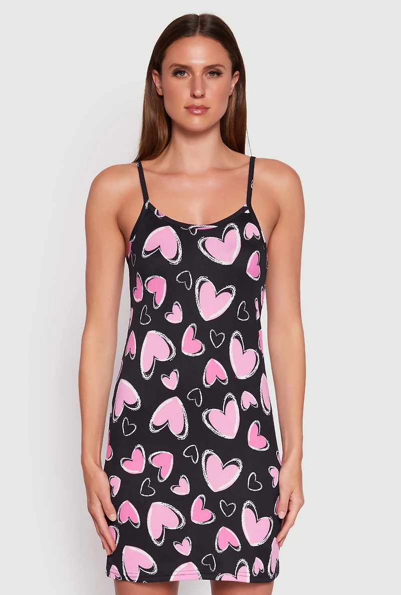 Ribbed Knit Heart Print Cami Nightgown and Robe