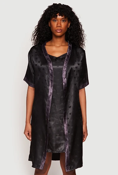 Womens Satin Heart Print Cami Nightgown with Robe, Black,