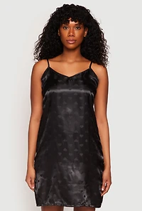 Womens Satin Heart Print Cami Nightgown with Robe, Black,