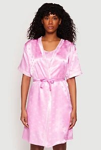 Womens Satin Heart Print Cami Nightgown with Robe, Pink, Size M