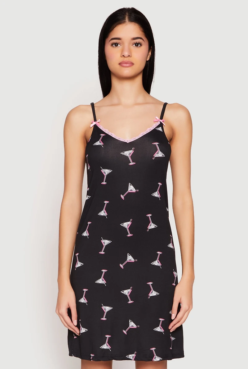 Womens Martini Print Cami Nightgown and Robe Set,