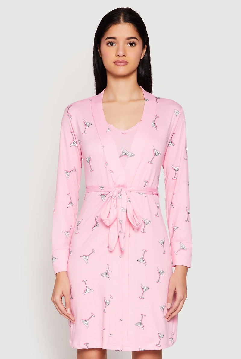 Womens Martini Print Cami Nightgown and Robe Set, Pink, Size L