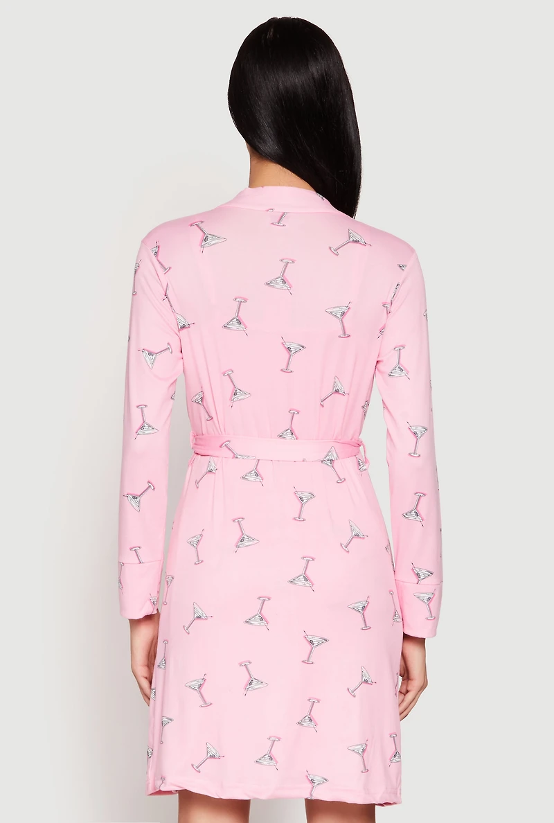 Womens Martini Print Cami Nightgown and Robe Set, Pink, Size M