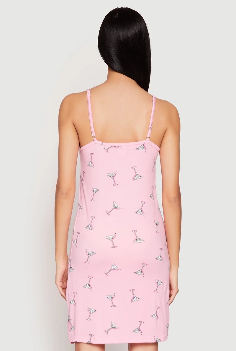 Womens Martini Print Cami Nightgown and Robe Set, Pink, Size M