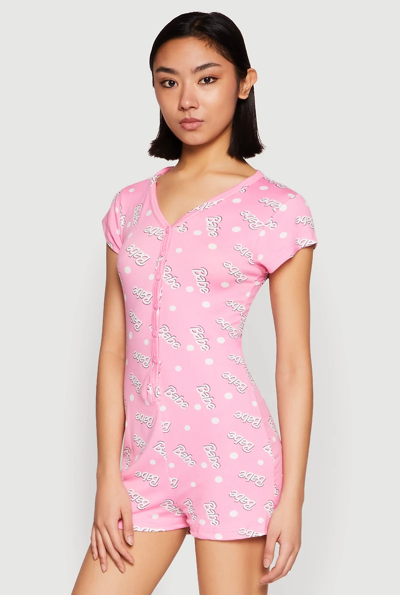 Womens Soft Knit Babe Button Front Pajama Romper, Pink, Size M