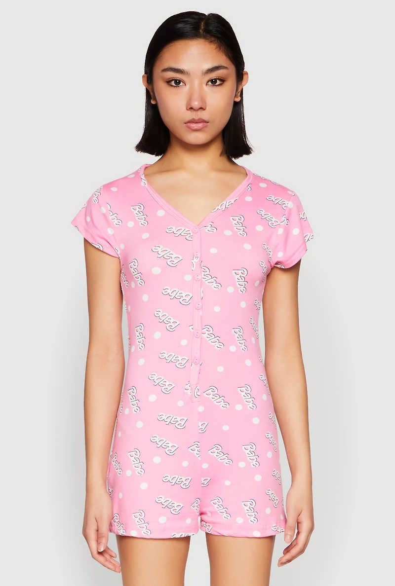 Womens Soft Knit Babe Button Front Pajama Romper, Pink, Size L
