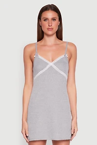 Womens Ribbed Knit Lace Trim Cami Nightgown, Grey, Size M