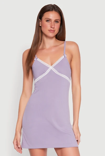 Womens Ribbed Knit Lace Trim Cami Nightgown, Purple, Size M