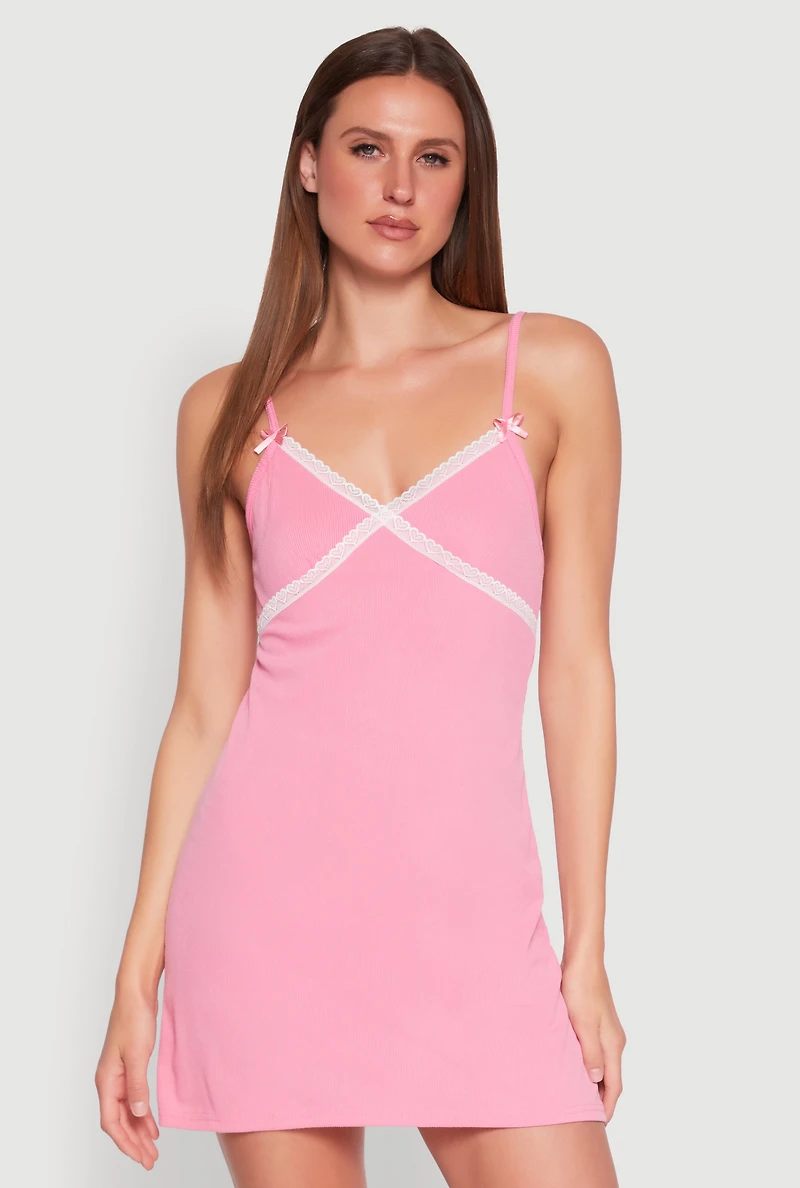 Womens Ribbed Knit Lace Trim Cami Nightgown, Pink,