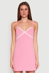 Womens Ribbed Knit Lace Trim Cami Nightgown, Pink,
