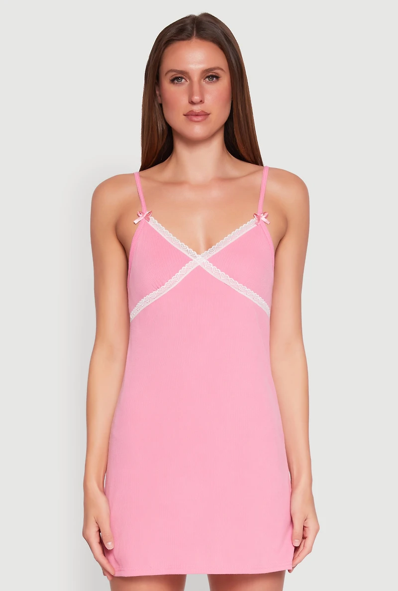 Womens Ribbed Knit Lace Trim Cami Nightgown, Pink, Size L