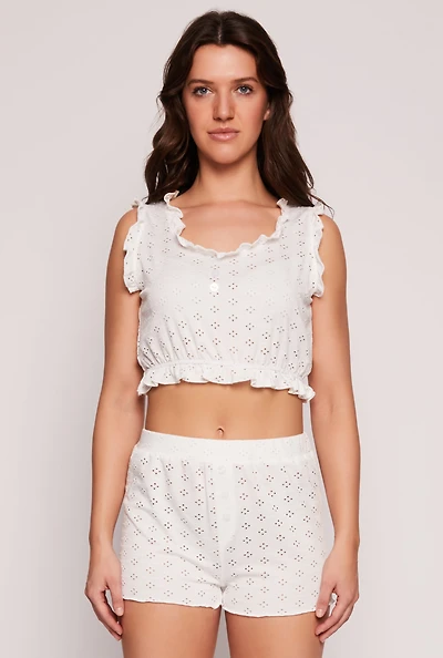 Eyelet Ruffled Pajama Crop Top and Shorts