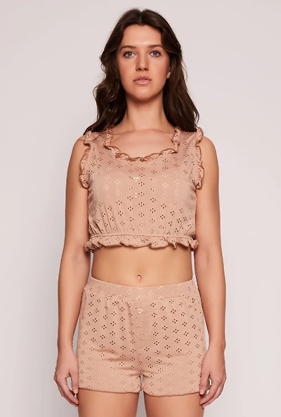 Womens Eyelet Ruffled Pajama Crop Top and Shorts, Beige, Size M