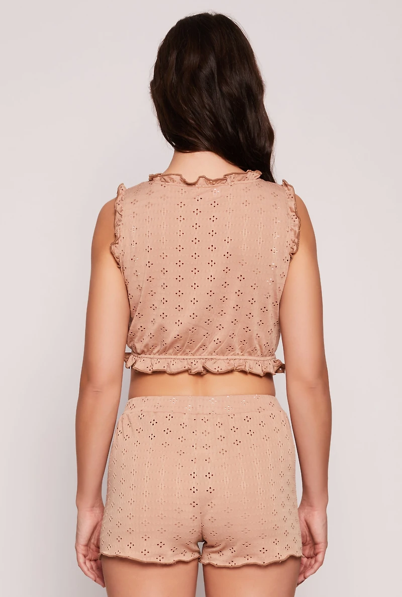 Womens Eyelet Ruffled Pajama Crop Top and Shorts, Beige, Size M