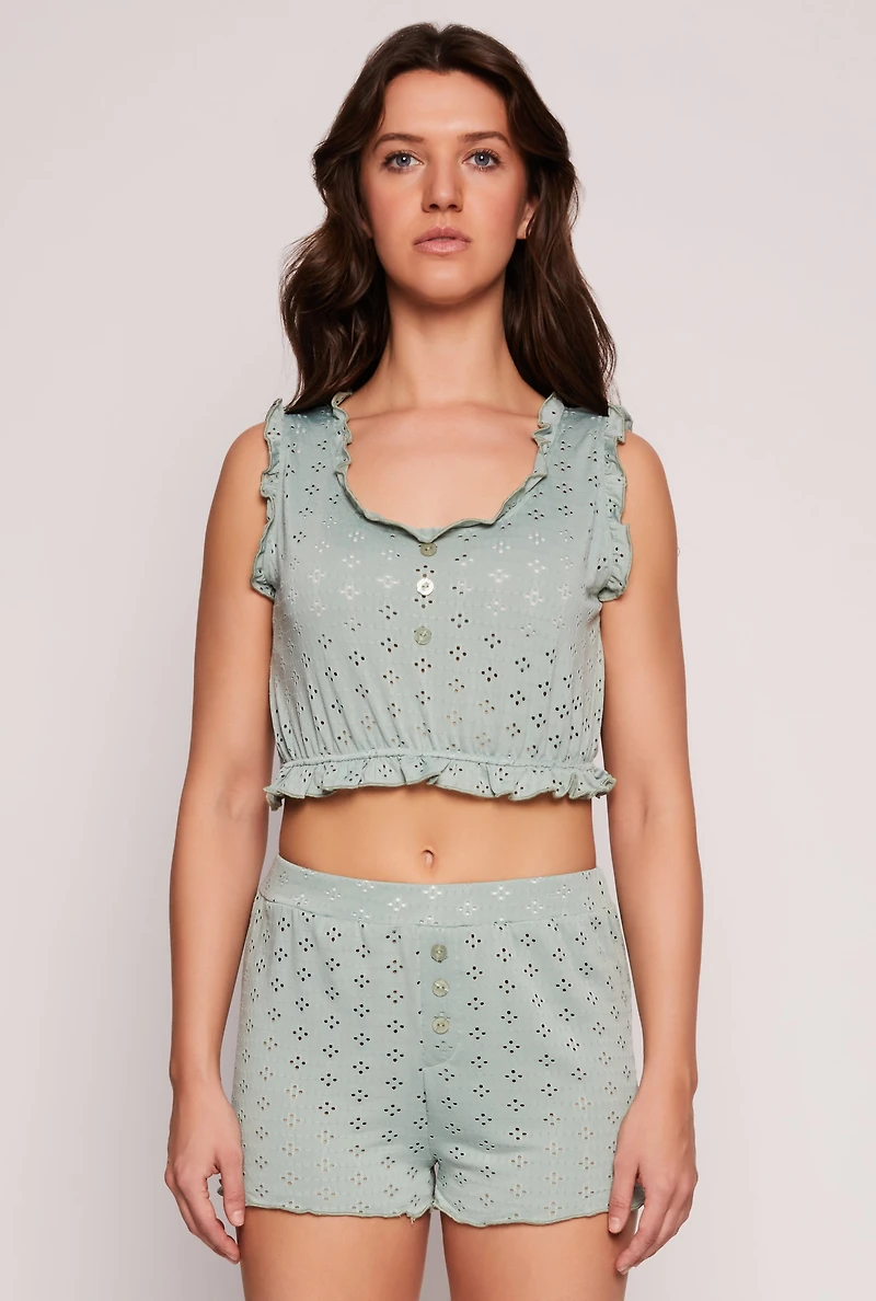 Womens Eyelet Ruffled Pajama Crop Top and Shorts, Green, Size M