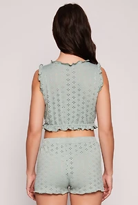 Womens Eyelet Ruffled Pajama Crop Top and Shorts, Green, Size M