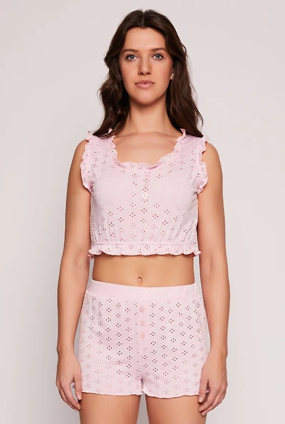 Womens Eyelet Ruffled Pajama Crop Top and Shorts,