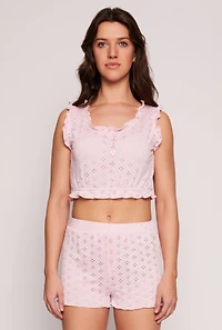Womens Eyelet Ruffled Pajama Crop Top and Shorts, Pink, Size L