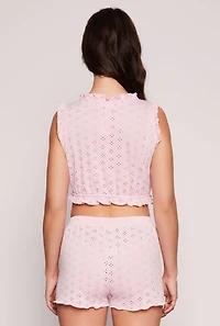 Womens Eyelet Ruffled Pajama Crop Top and Shorts, Pink, Size L