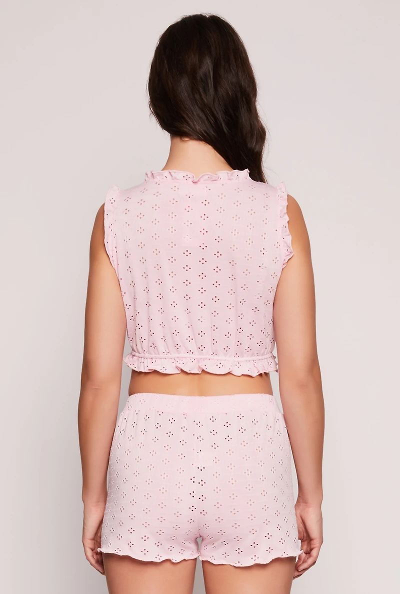 Womens Eyelet Ruffled Pajama Crop Top and Shorts, Pink, Size M