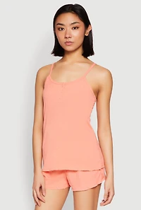 Womens Rib Knit Lettuce Edge Pajama Cami with Shorts, Orange, Size L