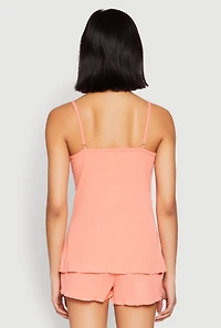 Womens Rib Knit Lettuce Edge Pajama Cami with Shorts, Orange, Size L