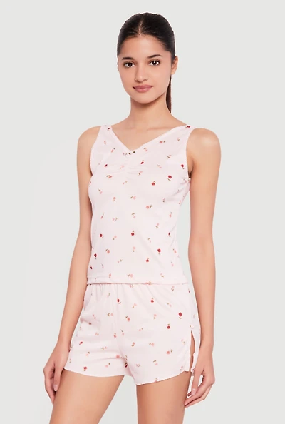 Floral Print Rib Knit Cropped Pajama Top and Shorts