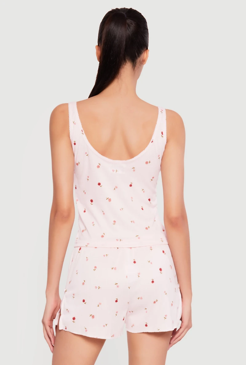 Floral Print Rib Knit Cropped Pajama Top and Shorts