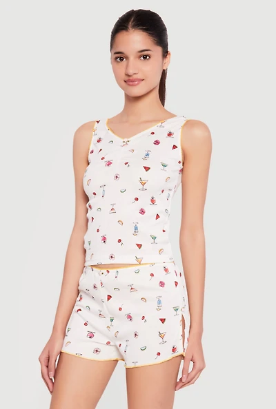 Martini Print Rib Knit Cropped Pajama Top and Shorts