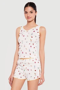 Martini Print Rib Knit Cropped Pajama Top and Shorts