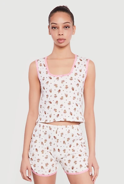 Coffee Print Waffle Knit Pajama Top and Shorts Set