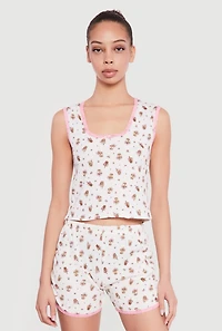 Coffee Print Waffle Knit Pajama Top and Shorts Set