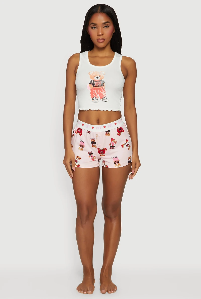 Teddy Bear Graphic Pajama Crop Top and Shorts