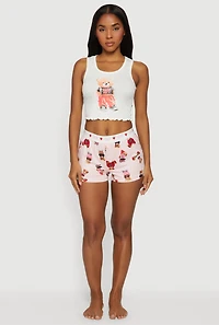 Teddy Bear Graphic Pajama Crop Top and Shorts