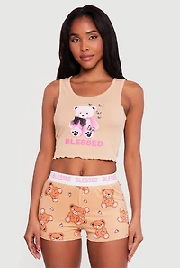 Blessed Bear Cropped Pajama Tank Top and Shorts