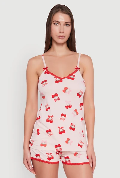 Womens Heart Cherry Print Pajama Cami and Shorts Set, Pink, Size L