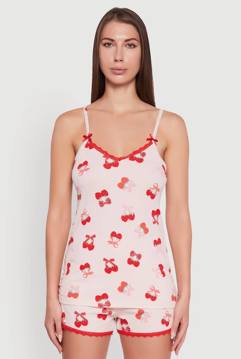 Womens Heart Cherry Print Pajama Cami and Shorts Set, Pink, Size L