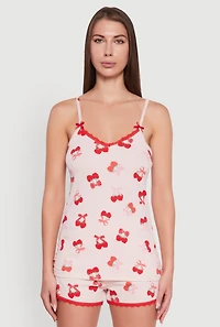 Womens Heart Cherry Print Pajama Cami and Shorts Set, Pink, Size L